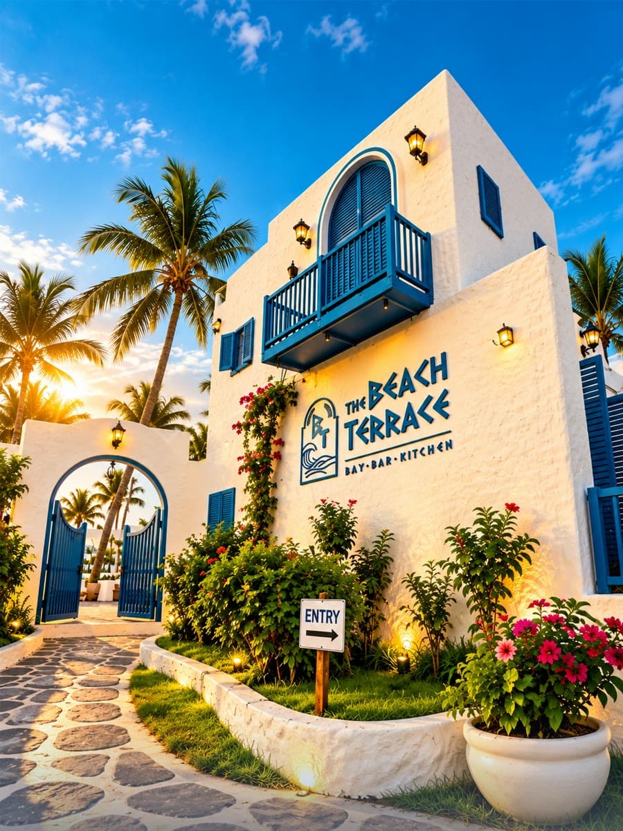 White Greek-style building of The Beach Terrace with palms and bougainvillea at dusk