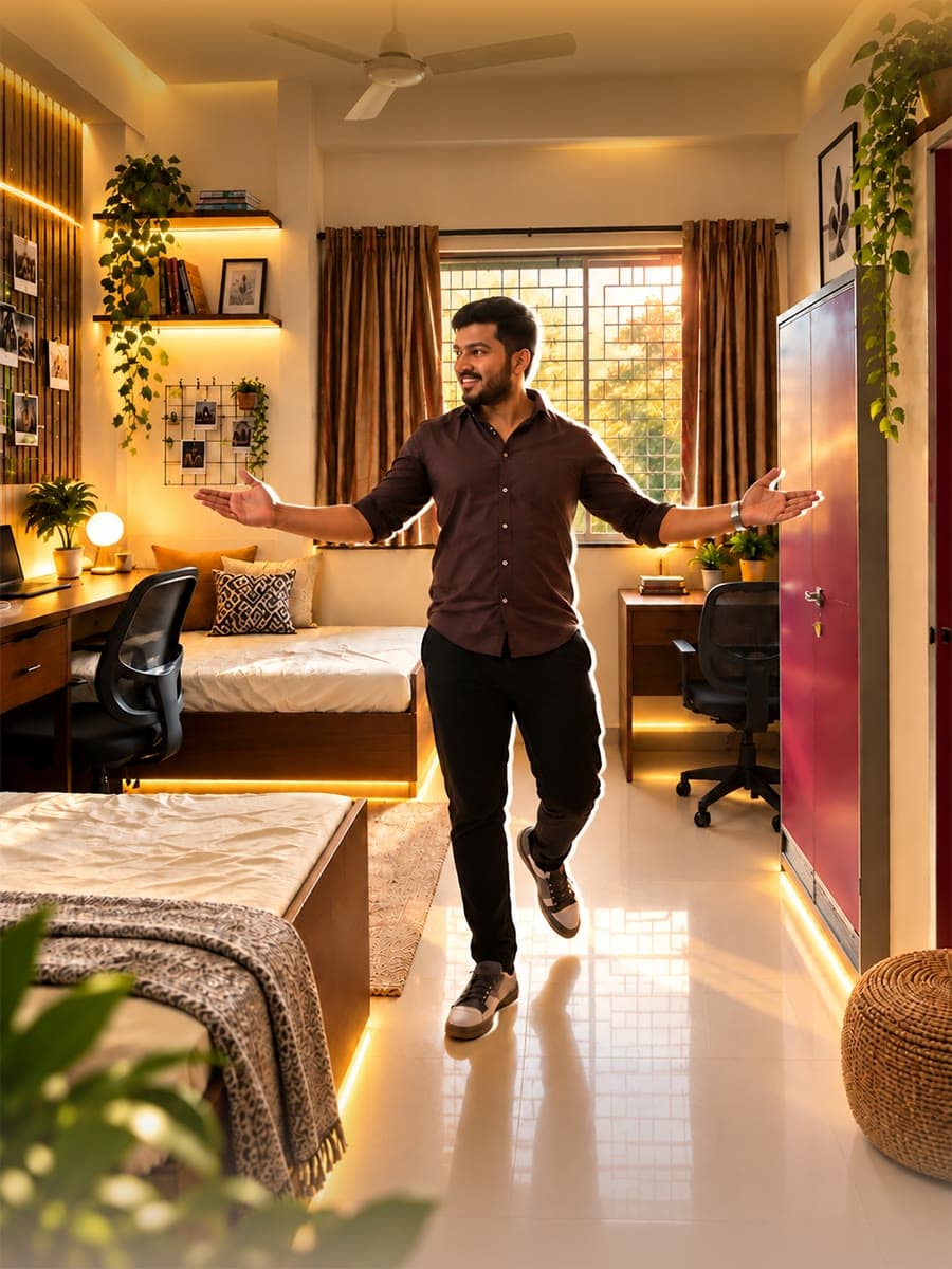 Man with arms open in a PG twin room with a magenta wardrobe and a window