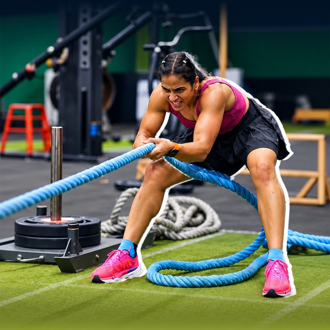 Athlete in a magenta top hauls blue battle ropes on turf in a gym