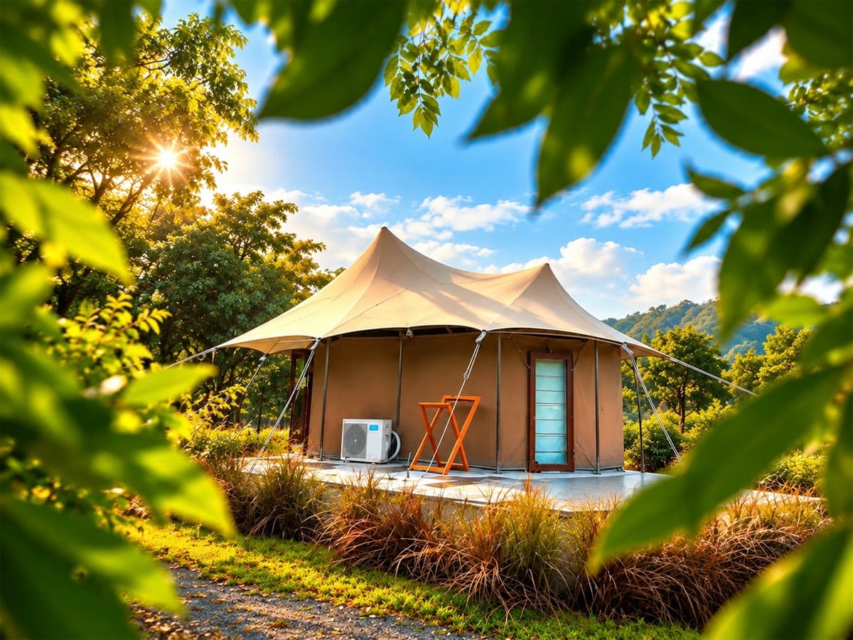 Peaked safari tent in sunlit grassland seen through leaves