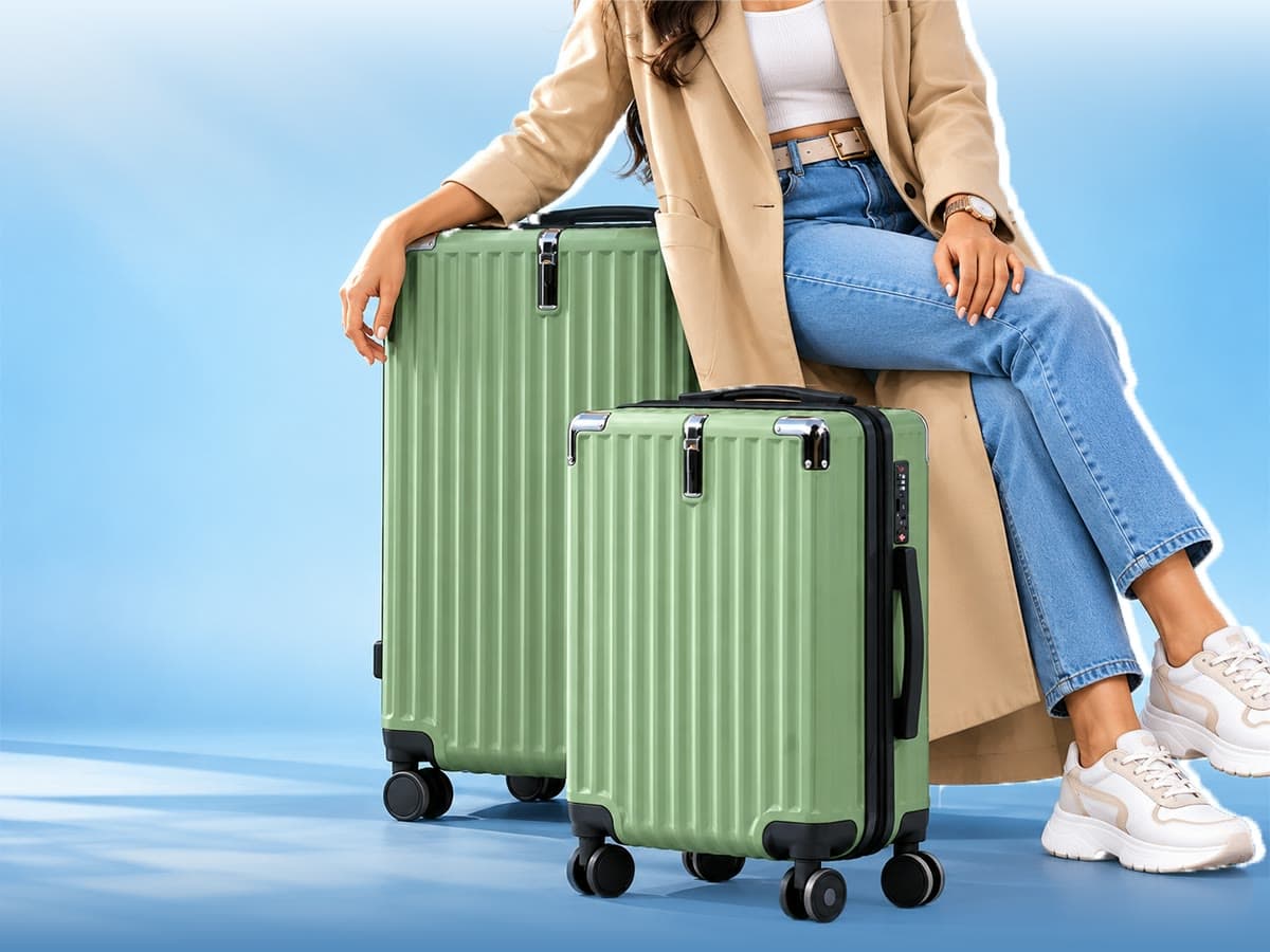 Woman in a beige coat and jeans sits on two olive hardshell suitcases against a blue sky