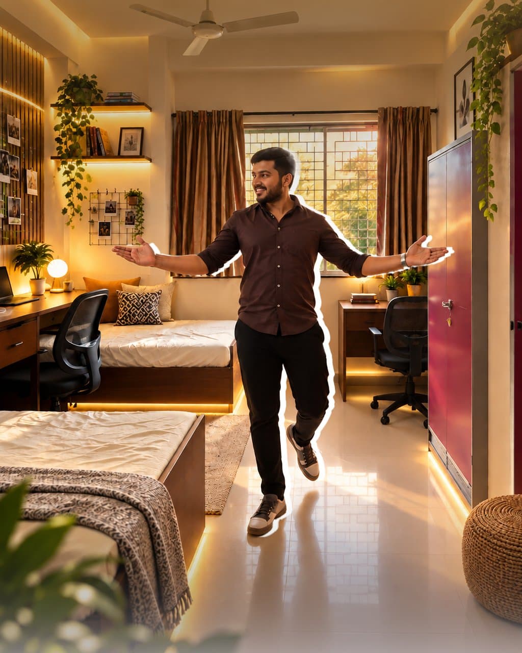 Man in a maroon shirt throws his arms wide in a bright twin room with two beds, two desks, a magenta steel wardrobe and plants on the shelves