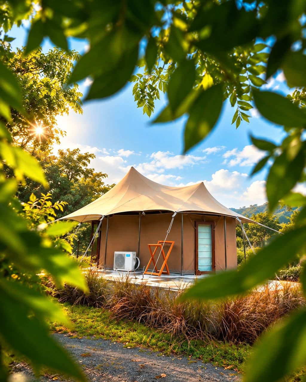 Peaked canvas safari tent on a paved platform, seen through a frame of sunlit green leaves under a blue sky