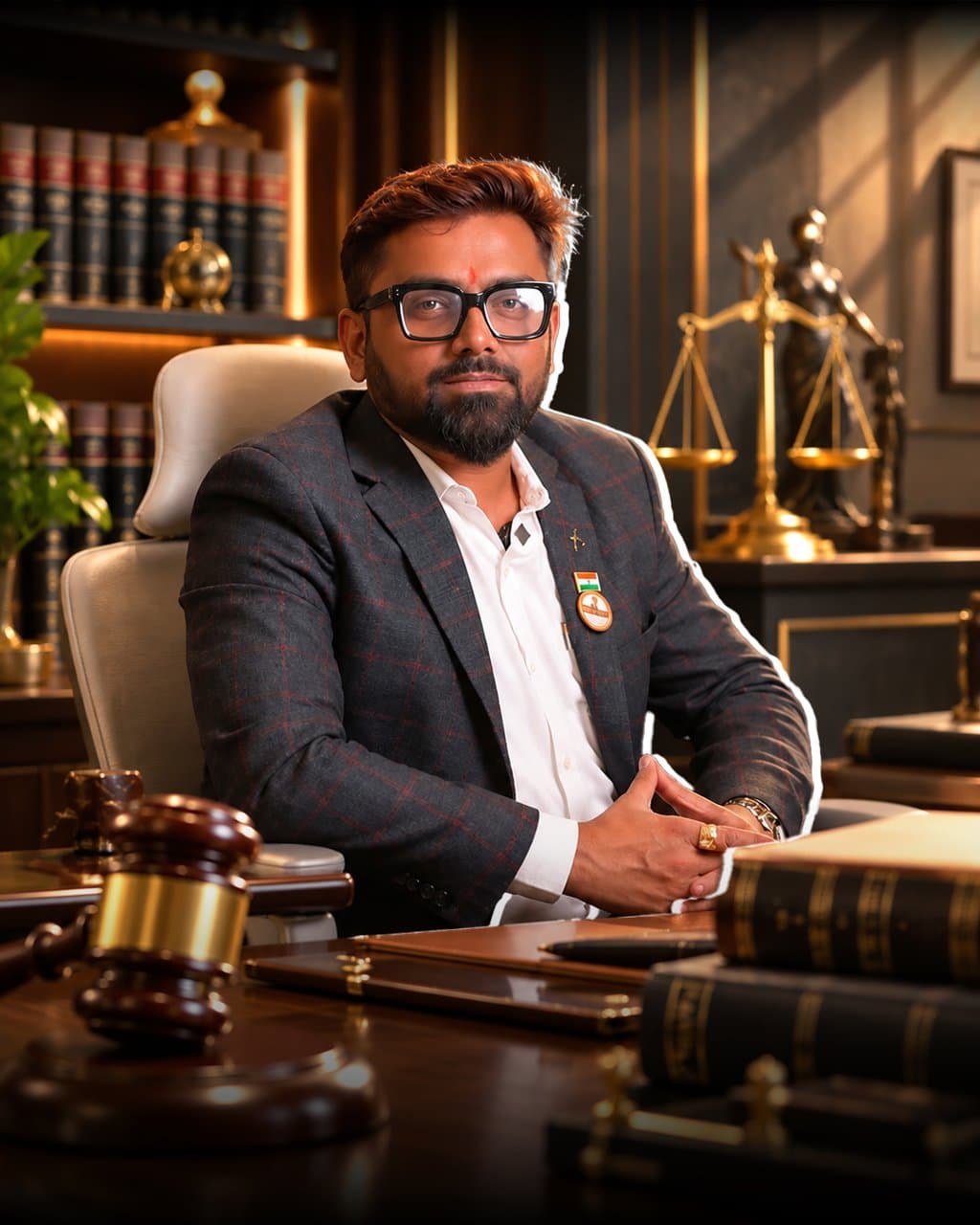 Bearded man in a checked blazer and black-framed glasses sits at a desk with a gavel and law books, brass scales of justice behind him