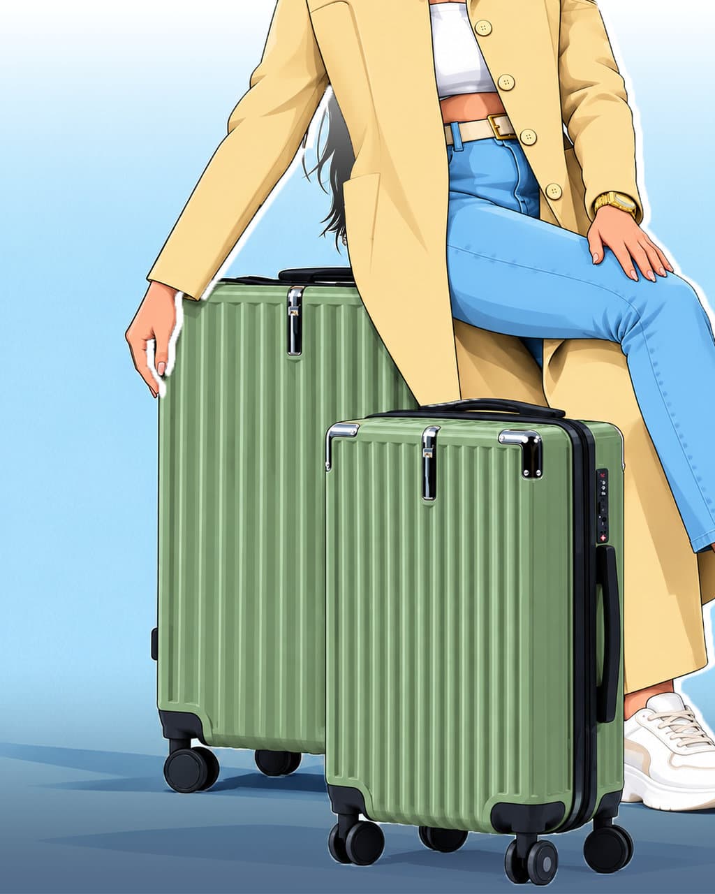 Illustration of a woman in a yellow coat, white crop top and jeans sitting on an olive ribbed suitcase, a smaller matching case in front, against a blue gradient